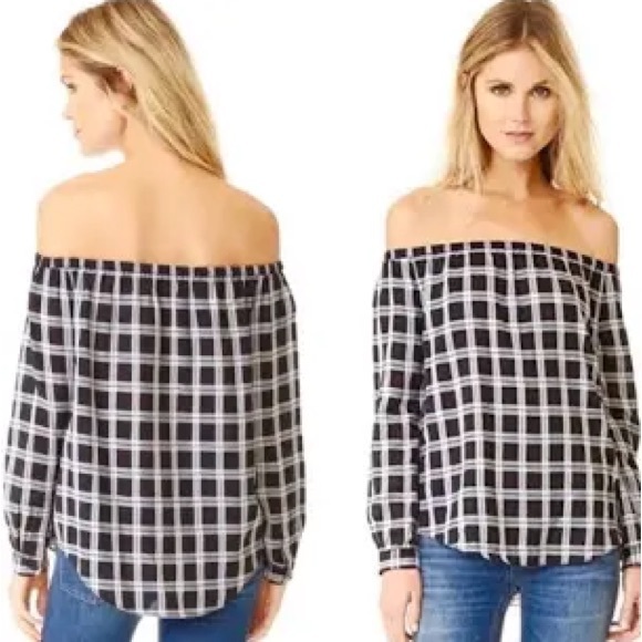 Rag & Bone | Greta Black and White Plaid Off Shoulder Top - Picture 1 of 12